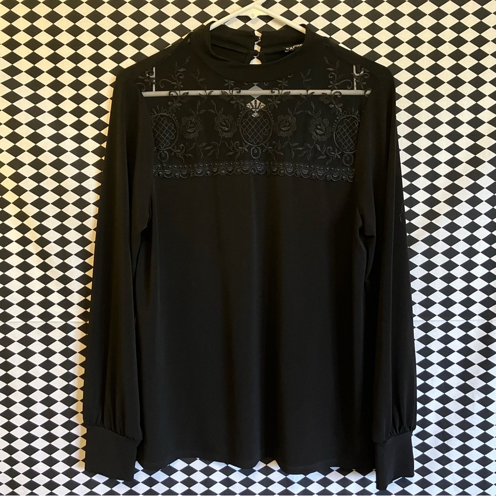 Express Black High Neck Lace Yoke Top Size Medium